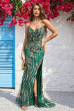 Mermaid Spaghetti Straps Dark Green Long Ball Dress with Bronzing