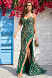 Mermaid Spaghetti Straps Dark Green Long Ball Dress with Bronzing