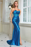 Sparkly Blue Corset Long Ball Dress with Slit