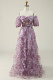 A Line Off the Shoulder Purple Long Ball Dress with Printing
