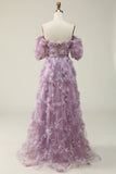 A Line Off the Shoulder Purple Long Ball Dress with Printing