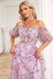 Charming A Line Off the Shoulder Purple Long Ball Dress with Printing