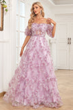 Charming A Line Off the Shoulder Purple Long Ball Dress with Printing