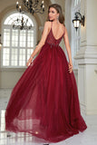 Sparkly Burgundy Beaded Long Tulle Ball Dress with Slit
