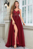 Sparkly Burgundy Beaded Long Tulle Ball Dress with Slit