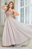 Glitter Blush A-Line Tulle Long Ball Dress with Lace