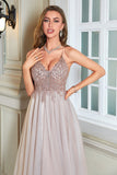 Glitter Blush A-Line Tulle Long Ball Dress with Lace