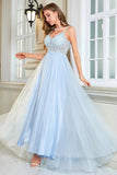 Light Blue A-Line Corset Long Backless Ball Dress