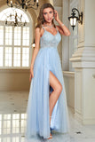 Light Blue A-Line Corset Long Backless Ball Dress