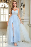 Light Blue A-Line Corset Long Backless Ball Dress