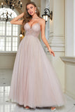 Sparkly Blush Beaded A-Line Long Ball Dress
