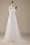 Ivory V-Neck Tulle Sweep Train Wedding Dress with Lace