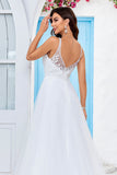 Ivory V-Neck Tulle Sweep Train A Line Wedding Dress with Lace