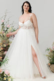 Ivory A Line Spaghetti Straps Tulle Wedding Dress with Slit