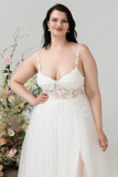 Ivory A Line Spaghetti Straps Tulle Wedding Dress with Slit