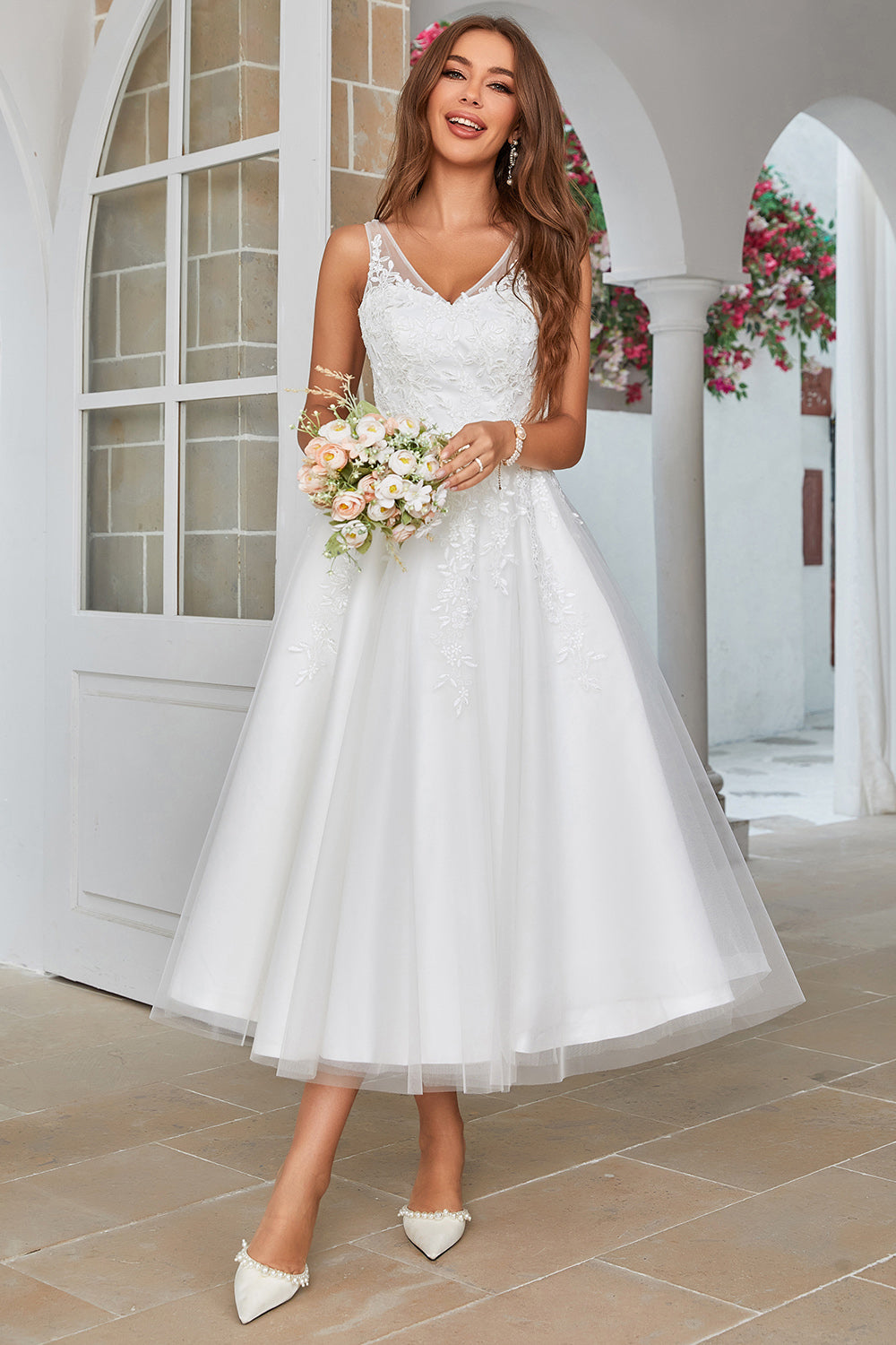 White Mid-Calf Tulle Wedding Dress with Lace